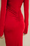 Red, lapel collar, ruffle sleeve, under knee length, shirred, dress.