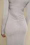 Grey, lapel collar, ruffle sleeve, under knee length, shirred, dress.