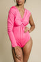 Pink, one arm, long sleeve, ruched on chest bodysuit.