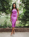 Purple midi, silk satin dress, with stylish adjustable halter neck and thigh slit for every occasion.