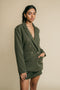 Olive green, relaxed, lapel collar, jacket blazer with chic gold color buttons.