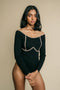 Black, long sleeve bodysuit has contrasting draw detail on front.