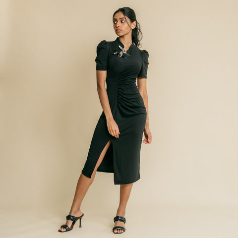Black, mandarin collar,  midi dress featuring stylish buckle on the front right shoulder to chest.