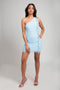 Blue one shoulder with double strap mini dress, wraps your body with has shining gold color dot on the tulle.