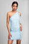 Blue one shoulder with double strap mini dress, wraps your body with has shining gold color dot on the tulle.