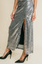 Shiny, grey color, sequin, long dress has on front cross over, rhinestone straps details.