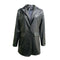 Black, notched lapel, button closure, faux leather blazer. 