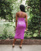 Purple midi, silk satin dress, with stylish adjustable halter neck and thigh slit for every occasion.